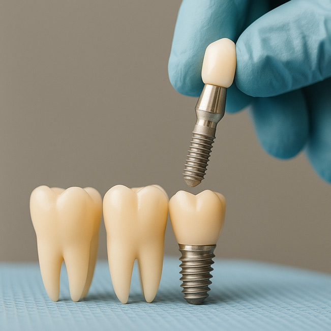 Aufbau eines Zahnimplantats mit Implantatkörper und Krone im Modell